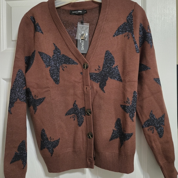 Nancy Yang Sweaters - Nancy Yang Brown Cardigan with Black Butterfly Pattern